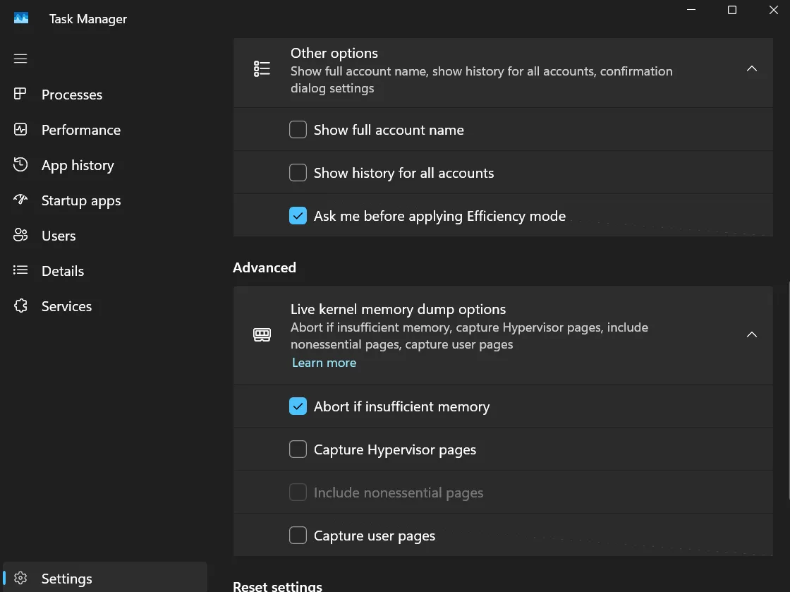 configurações avançadas do gerenciador de tarefas do Windows 11