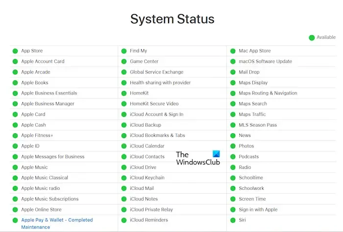 Página de status do sistema Apple