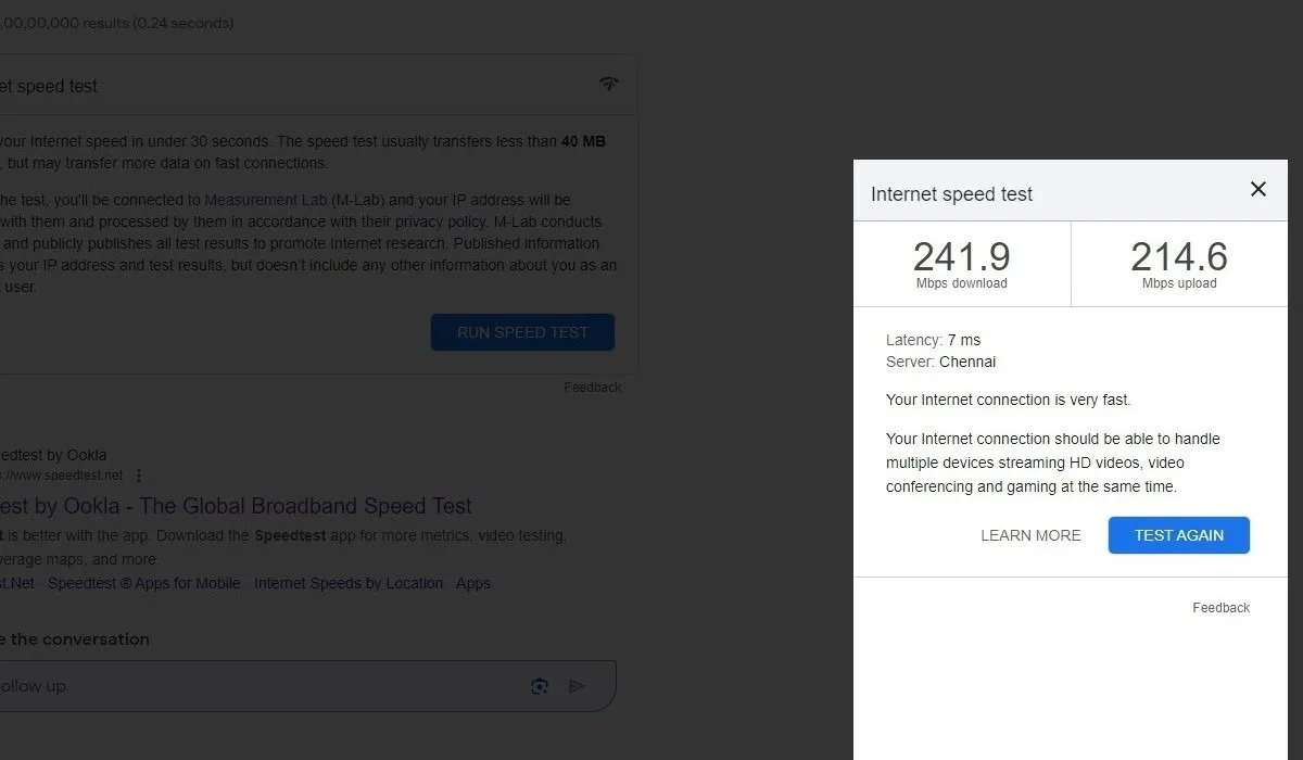 Beste Websites zum Testen der Internetgeschwindigkeit Ergebnis des Google-Geschwindigkeitstests