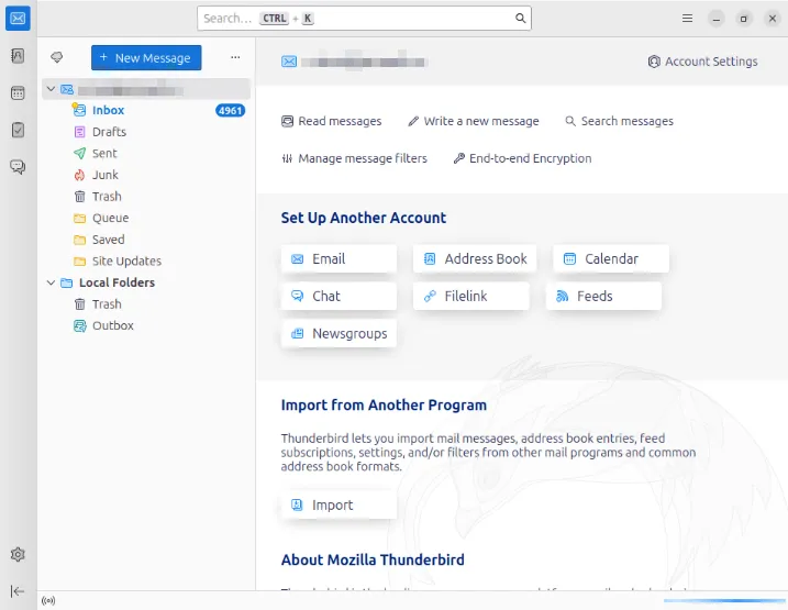 Ein Screenshot von Mozilla Thunderbird, das mit einem einzelnen E-Mail-Konto ausgeführt wird.