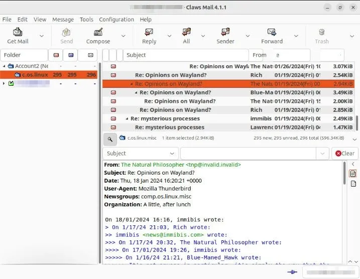 Ein Screenshot, der eine Arbeitssitzung von Claws Mail zeigt.
