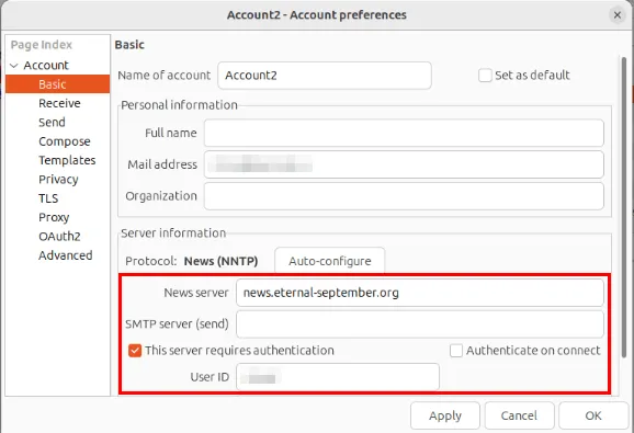 Een screenshot met de details van de USENET-provider en de accountgegevens van de gebruiker.