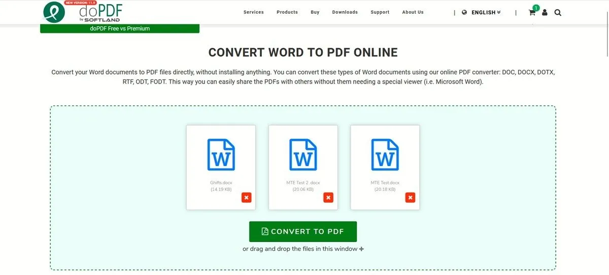 Téléchargement de documents pour conversion au format PDF sur le site Web doPDF.