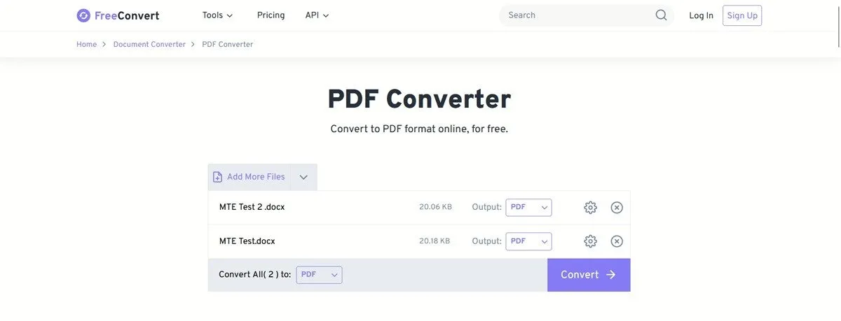 PDF converti dans l'outil Web FreeConvert.