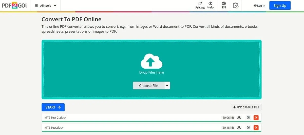 PDF2Go ウェブサイトで PDF に変換するドキュメントをアップロードします。