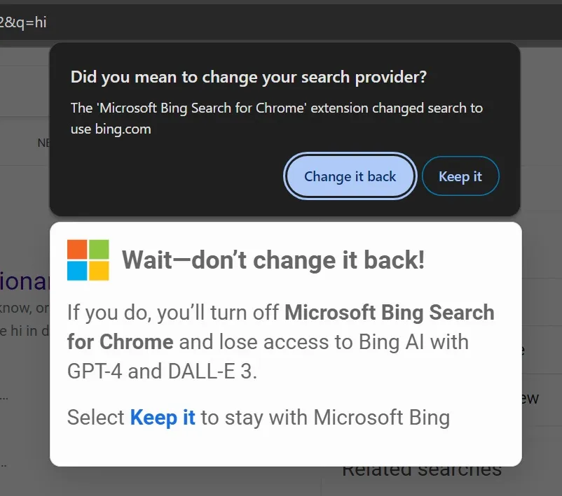 Provider di ricerca Bing aggiunto a Google Chrome