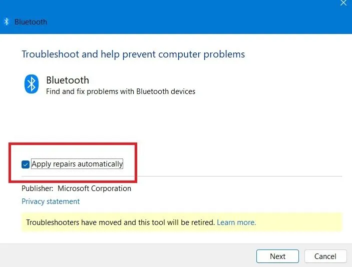 Windows の Bluetooth トラブルシューティング ツールに修復を自動的に適用します。