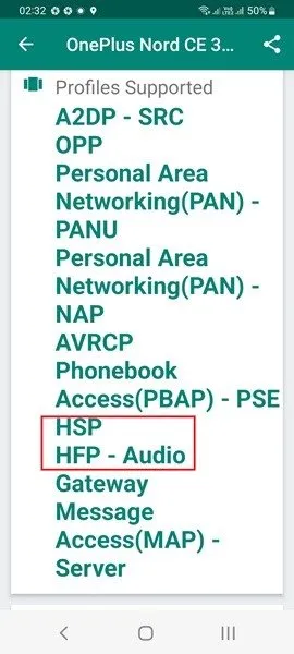 Profilo auricolare (HSP) e Profilo vivavoce (HFP) visibili sull'app Informazioni dispositivi Bluetooth per un dispositivo connesso casuale.