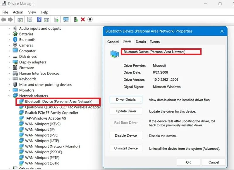 藍牙裝置個人區域網路在 Windows 裝置管理員中可見。