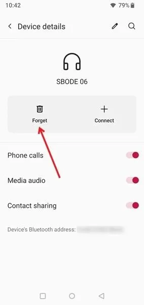 Oublier la connexion Bluetooth avec l'appareil sous Android.