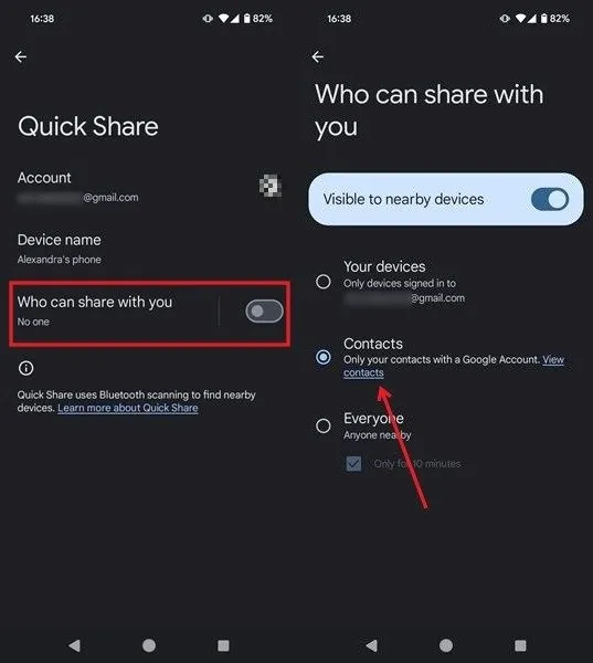 Modifica delle impostazioni per la funzionalità Quick Share su Android.