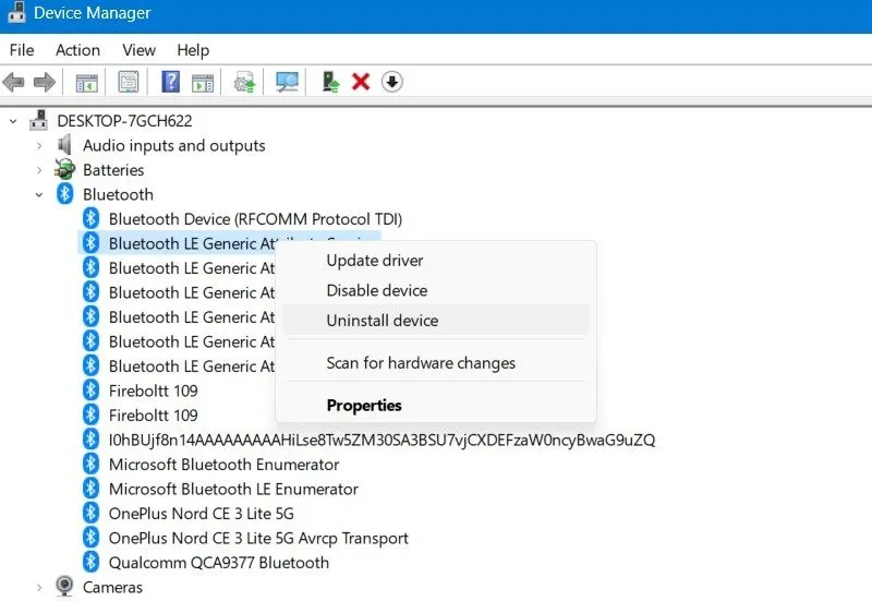 Windows デバイス マネージャーから Bluetooth デバイスをアンインストールします。