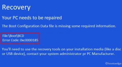 修正: Windows 10 のブート構成データ エラー 0xc0000185