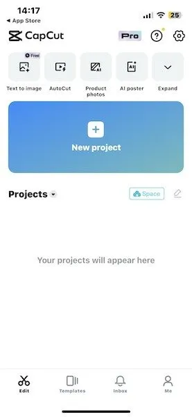 Capcut nieuw project