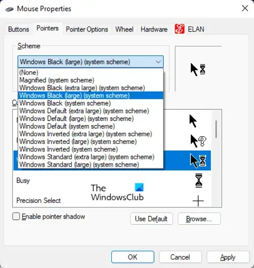 cambiar el esquema del cursor del mouse Windows 11