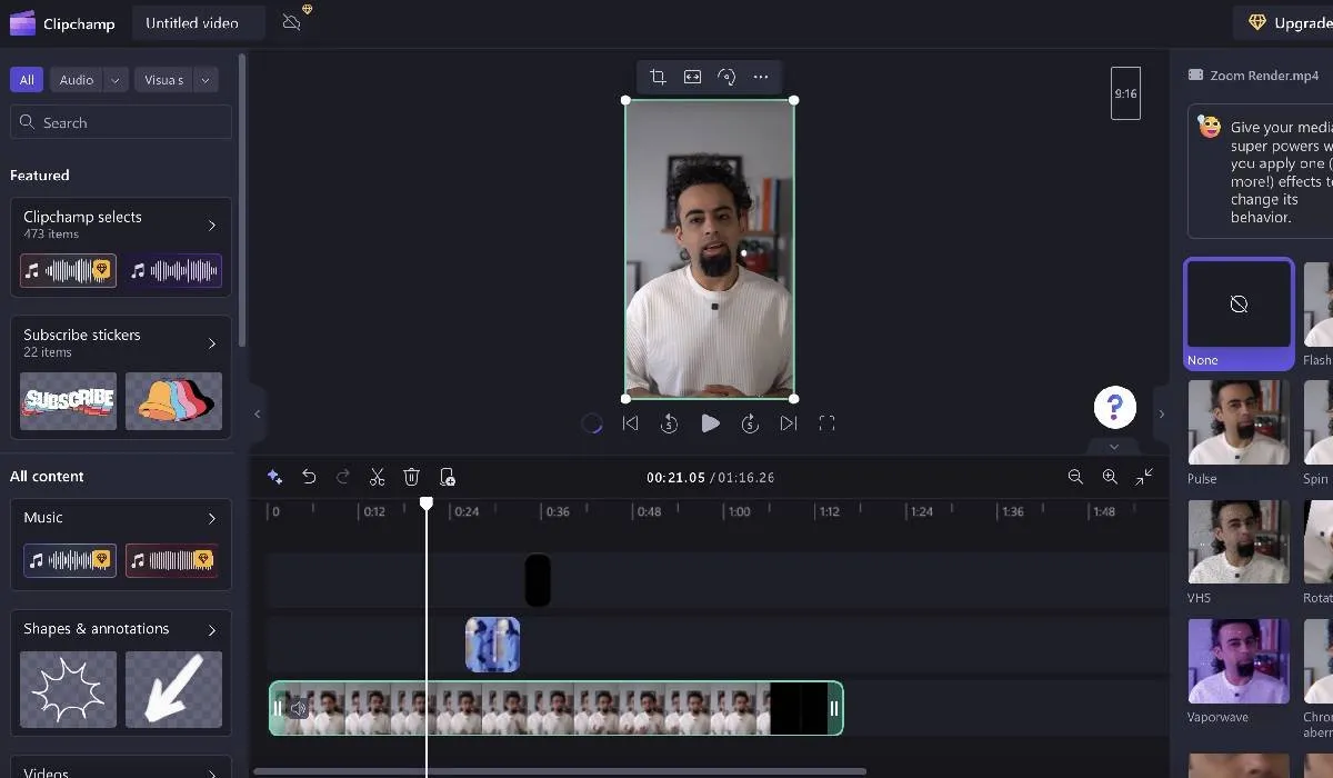 Editor de vídeo Clipchamp mostrando a visualização da linha do tempo com filtros e adições de áudio.