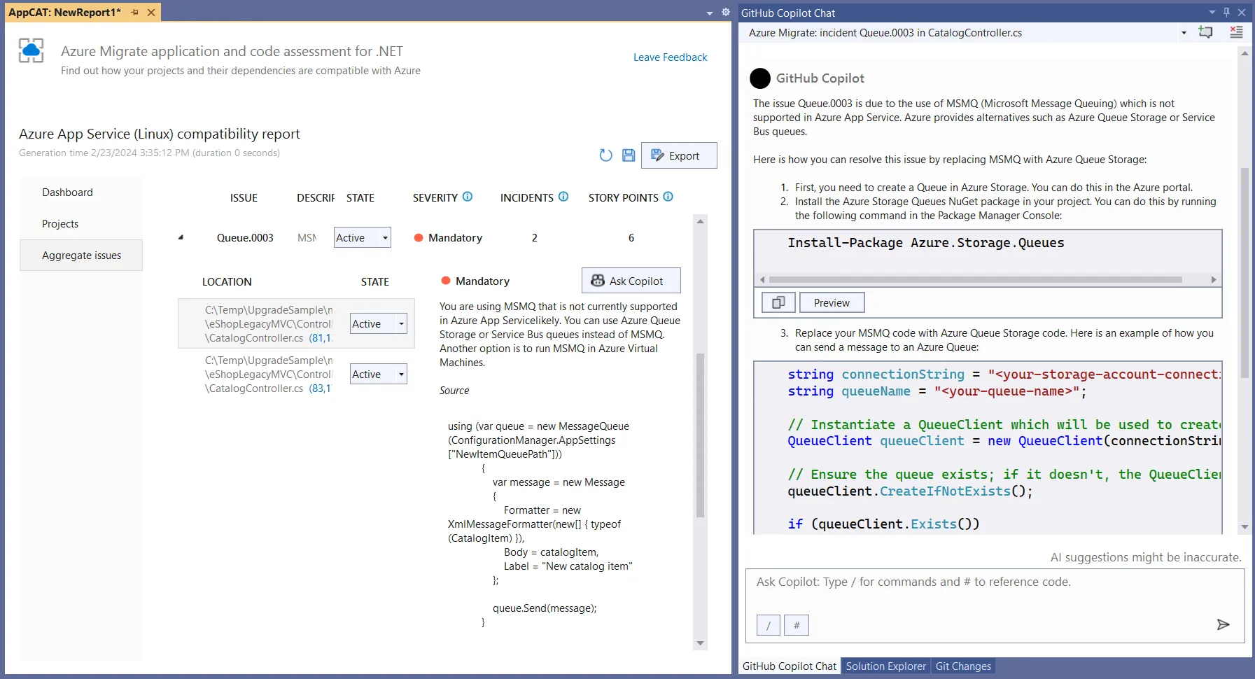 Zrzut ekranu przedstawiający aplikację Azure Migrate i interfejs użytkownika oceny kodu umożliwiający zadawanie pytań do usługi GitHub Copilot Chat o problem