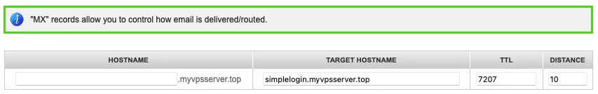 Uma captura de tela de um exemplo de registro MX para SimpleLogin.
