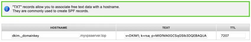 Uma captura de tela de um registro TXT para DKIM.