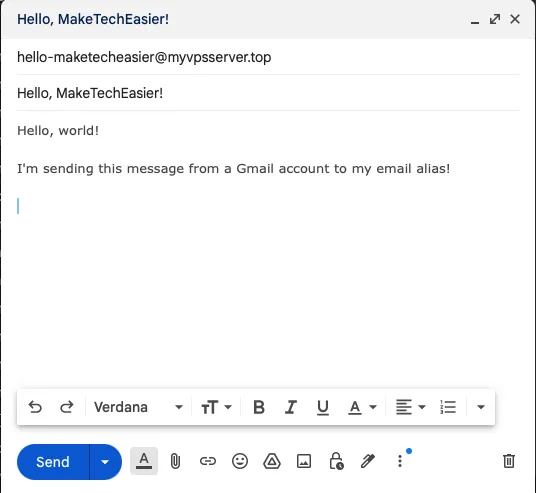 Uma captura de tela mostrando um exemplo de mensagem para um alias de e-mail.