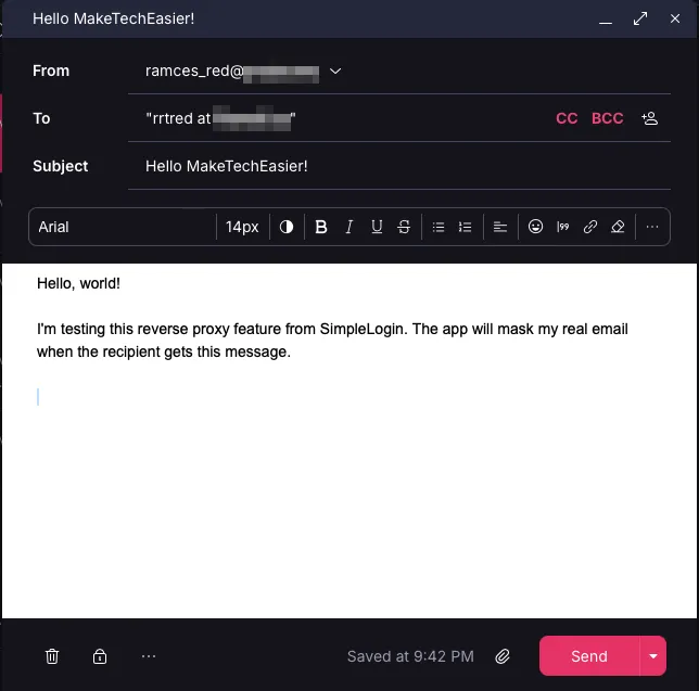 Uma captura de tela mostrando uma mensagem sendo enviada para um alias reverso.