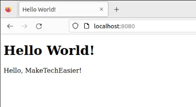 Uno screenshot che mostra un sito Web di esempio in esecuzione su localhost:8080.