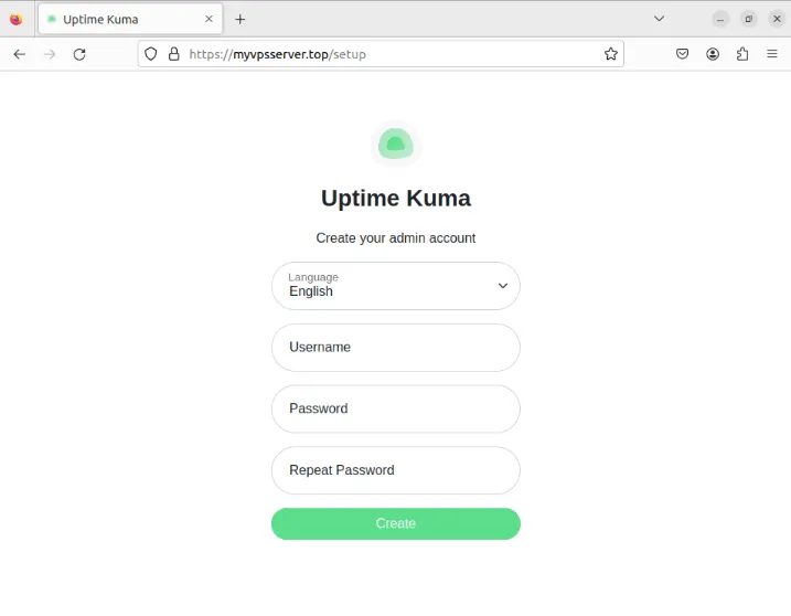 Uno screenshot che mostra un'istanza di Uptime Kuma inoltrata tramite Caddy.