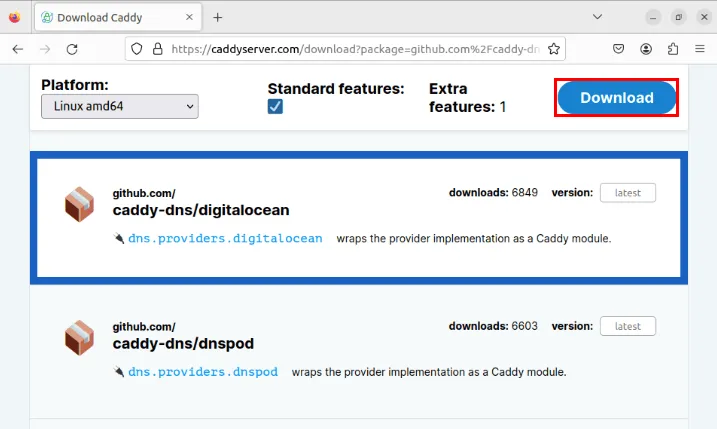 DigitalOcean の caddy-dns ビルドを選択した後の「ダウンロード」ボタンを強調表示したスクリーンショット。