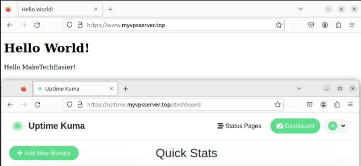 Een screenshot van de twee services die onder SSL draaien met Caddy.