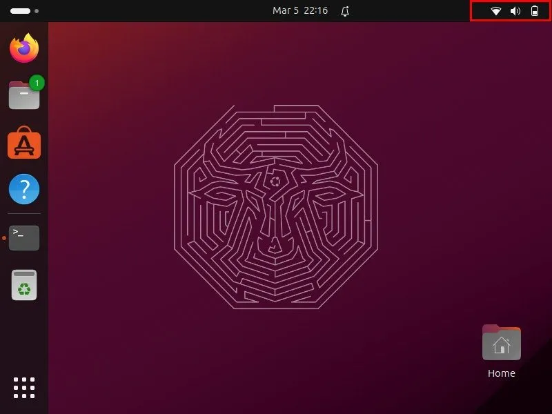 Een schermafbeelding waarin de knop Snelmenu op het Ubuntu-bureaublad wordt gemarkeerd.
