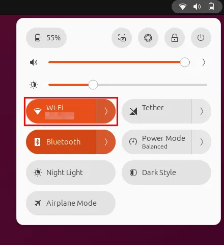 Ubuntu クイック メニューの Wi-Fi トグル スイッチを強調表示したスクリーンショット。