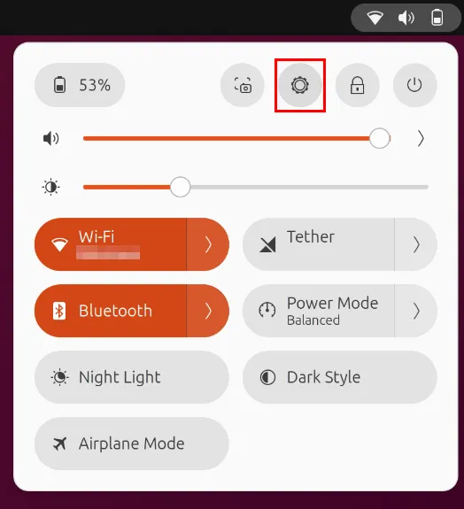 Ubuntu クイック メニューの [設定] ボタンを強調表示したスクリーンショット。