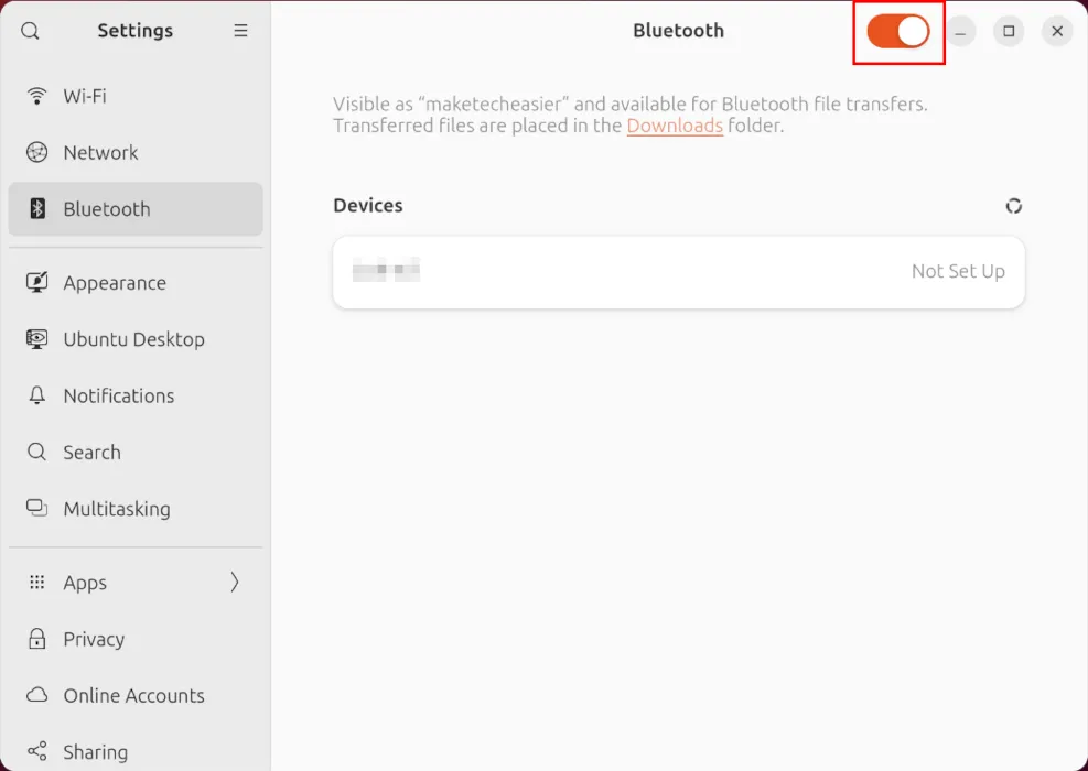 Een screenshot waarin de Bluetooth-tuimelschakelaar in de Bluetooth-categorie wordt gemarkeerd.