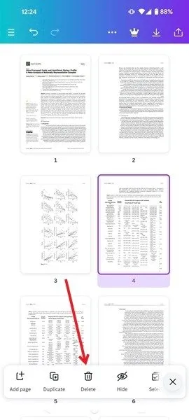 Seleziona Elimina in basso per rimuovere pagine dal PDF nell'app Canva per Android.