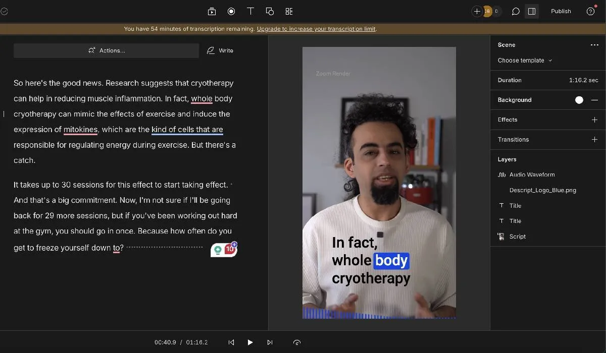 Schermata che mostra l'editor video descrittivo utilizzato per modificare un video online sui social media