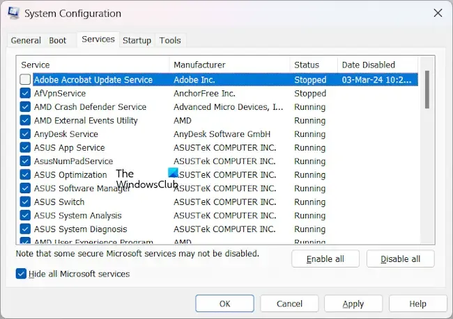 Adobe Acrobat 更新サービス MSConfig を無効にする