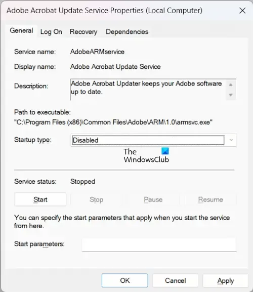 停用 Adob​​e Acrobat 更新服務