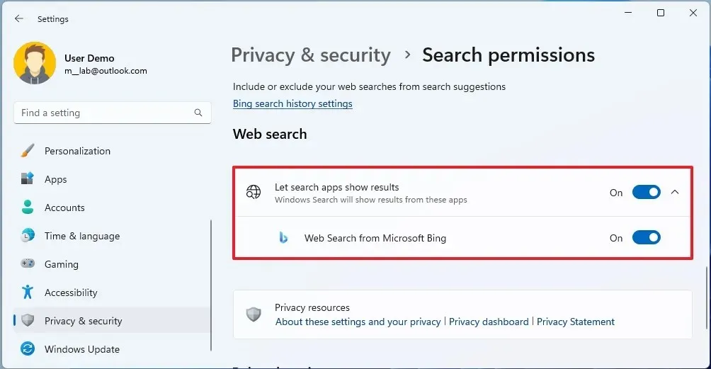 Windows 11 disabilita la ricerca di Bing