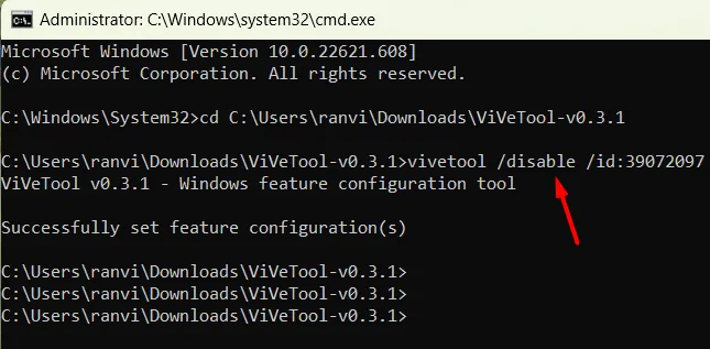 ViVeTool-v0.3.1 を無効にする