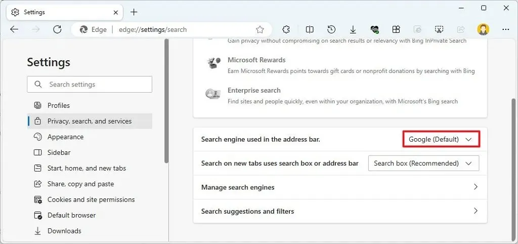 Edge が Google をデフォルトの検索エンジンに設定