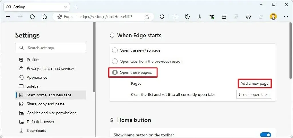 Edge configura la página de inicio de Google