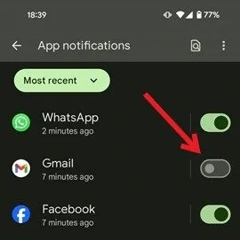 Désactivation des notifications push pour une application dans les paramètres Android.