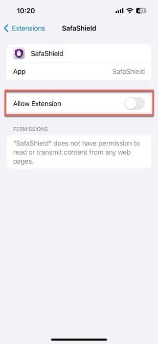 screenshot che mostra l'opzione per abilitare l'estensione Safashield