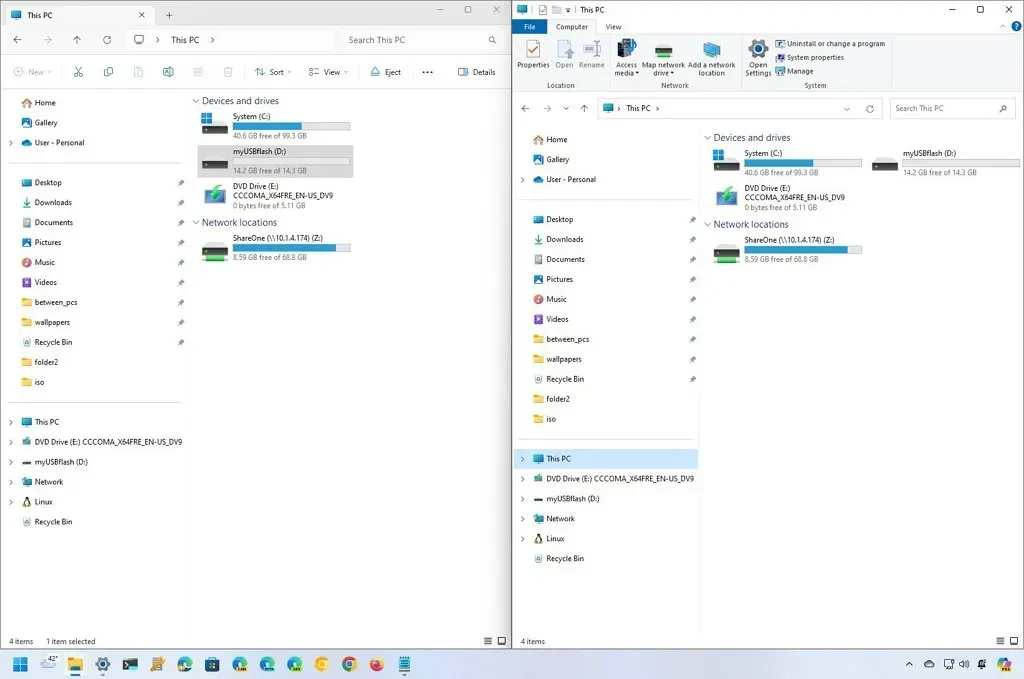 File Explorer novo (esquerda), antigo (direita)