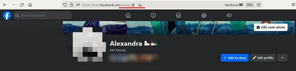 Facebook-Profilansicht auf dem PC mit neuem Benutzernamen sichtbar.