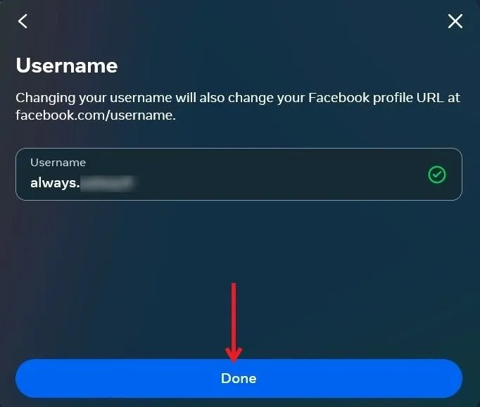 Digitando o novo nome de usuário do Facebook no Facebook no PC.