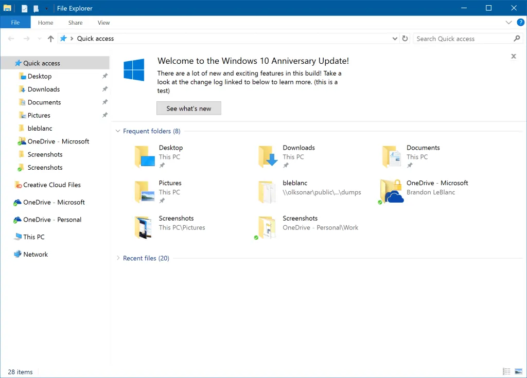 Windows 10 Redston 2(빌드 14901)의 파일 탐색기 알림