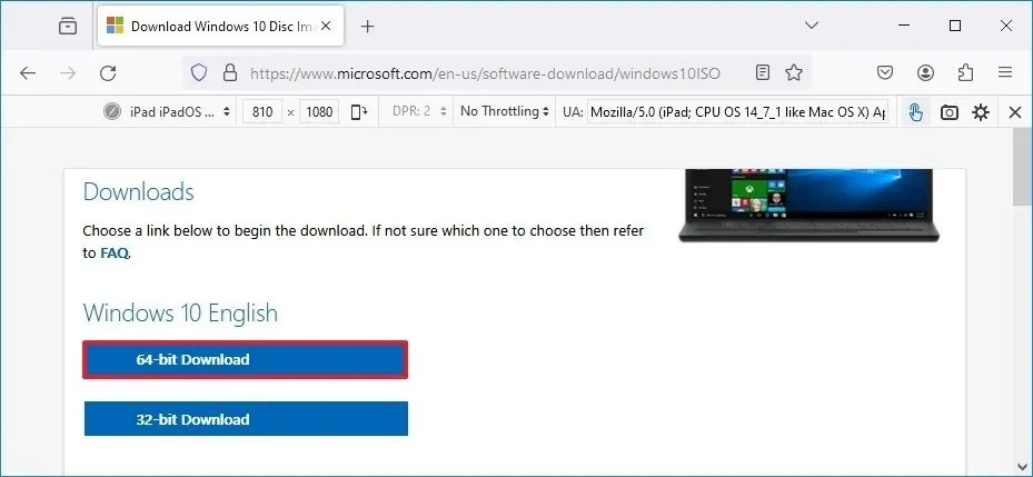 Firefox baixa ISO do Windows 10