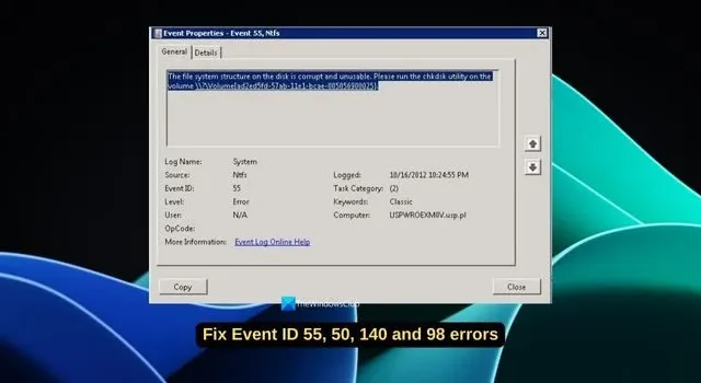 Corrigir erros de disco de ID de evento 55, 50, 98, 140 no Visualizador de eventos