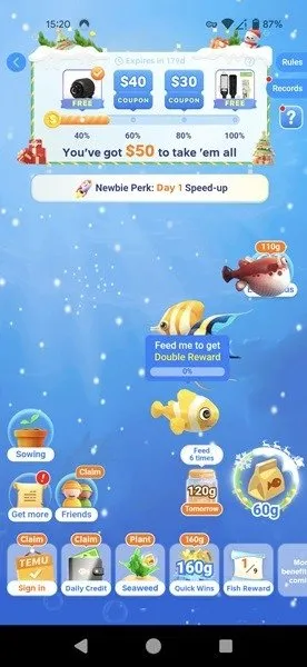 Fishland-Spiel in der Temu-App.